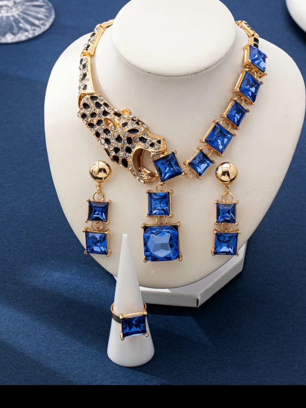 Gold-Tone Blue Crystal Panther Necklace Set - Women Jewelry